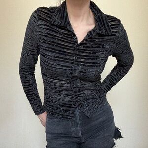 Y2K Energie Burnout Velvet Striped Button Down Collared Top 90s Black Women’s